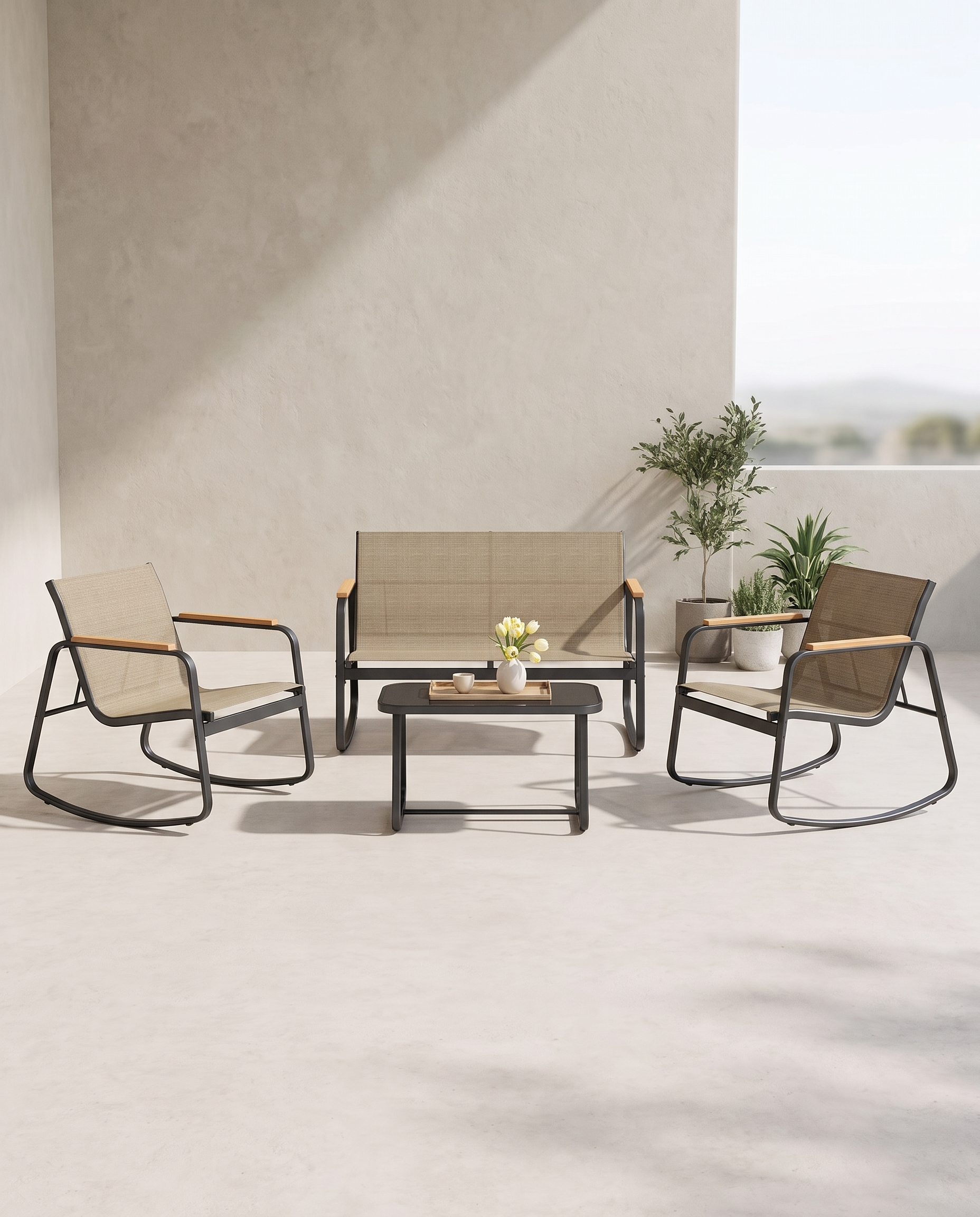 Tuinset 4-delig - Balkonset - 2 Stoelen en Bankje met Bijzettafel