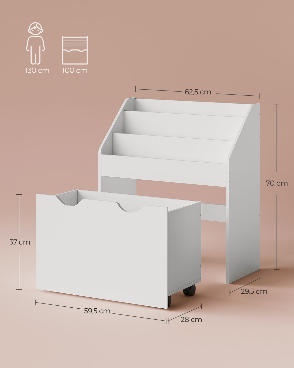 Kinderboekenkast met Speelgoedkist – Met Wielen en Anti-Kantelbeveiliging – 62,5 cm Breed