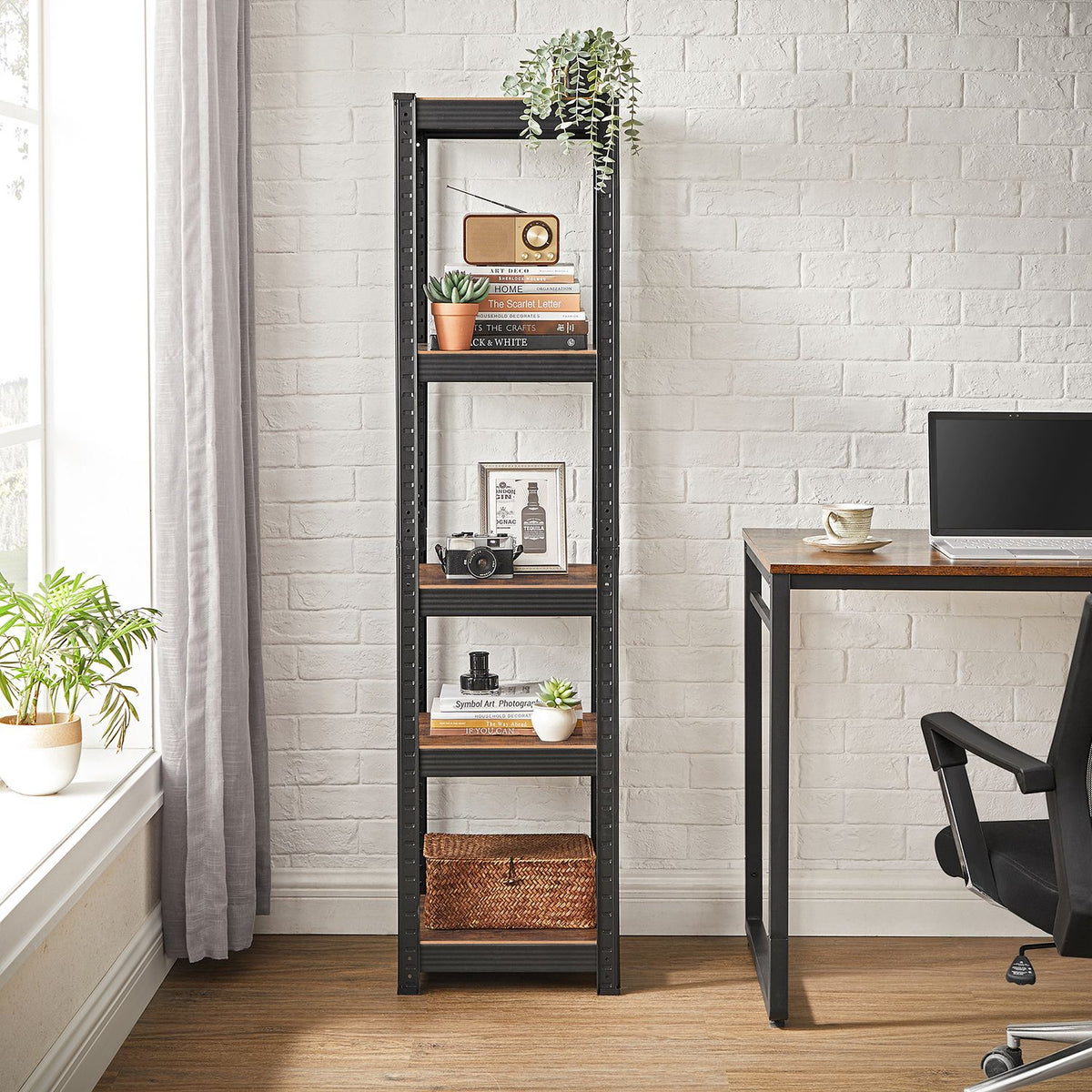 Smal Opbergrek met 5 Verstelbare Planken – Industriële Look – Tot 80 kg per Plank – 37 x 37 x 150 cm