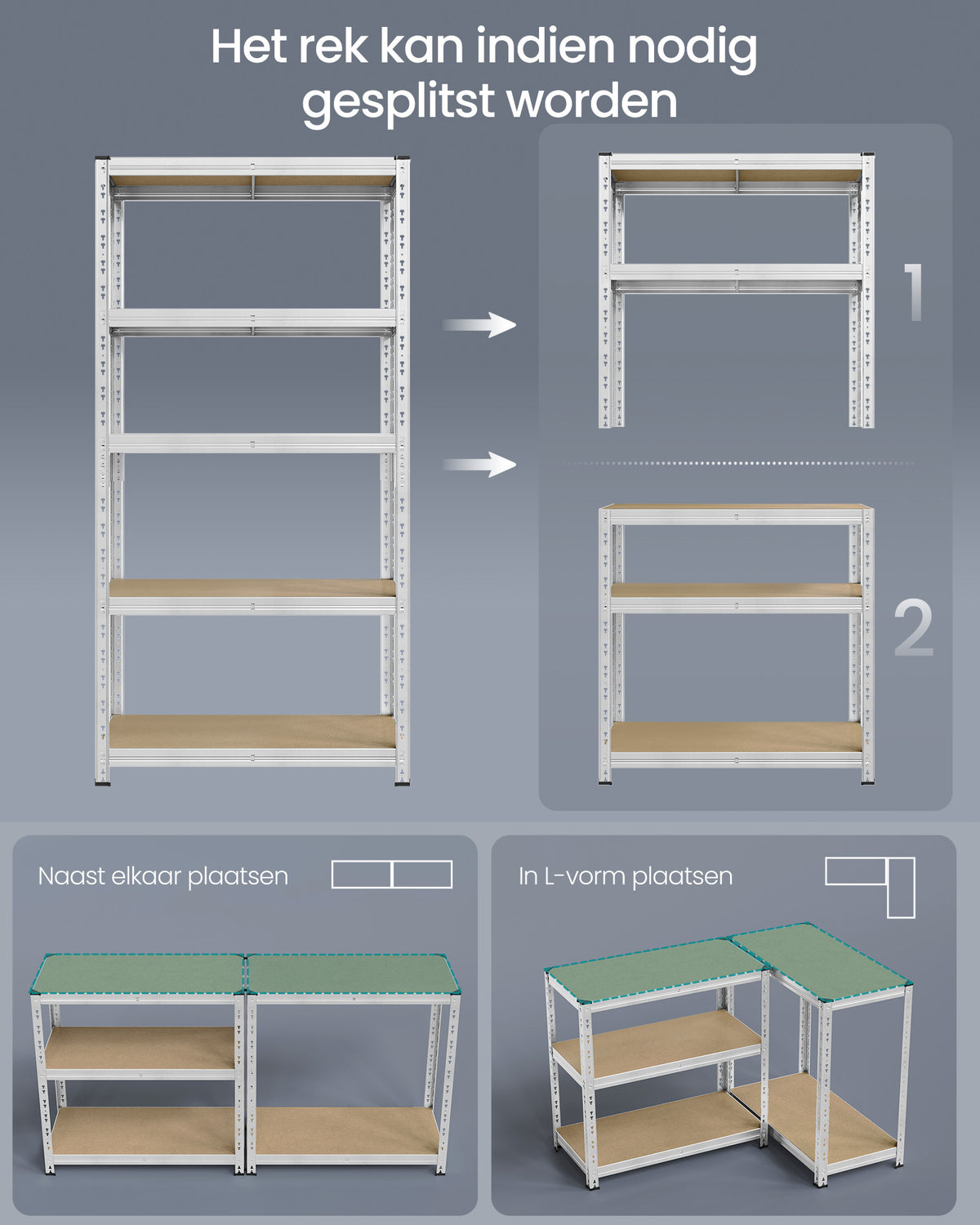Zwaar Opbergrek met 5 Verstelbare Planken – Tot 875 kg per Rek – Zonder Schroeven – 150, 180 of 200 cm
