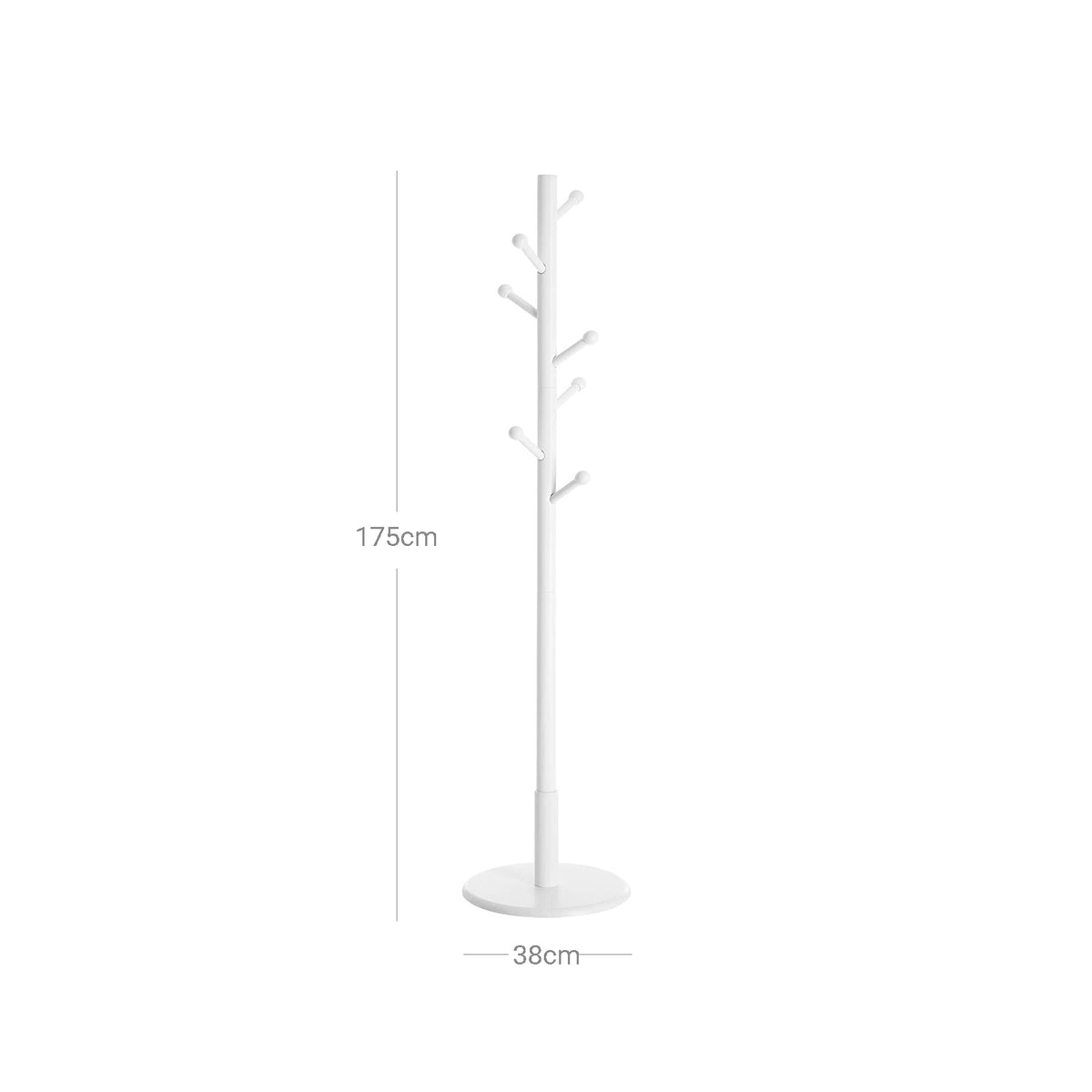 Staande Kapstok van Rubberhout – 7 Haken – Ronde Voet – Wit – Ø 38 x 175 cm