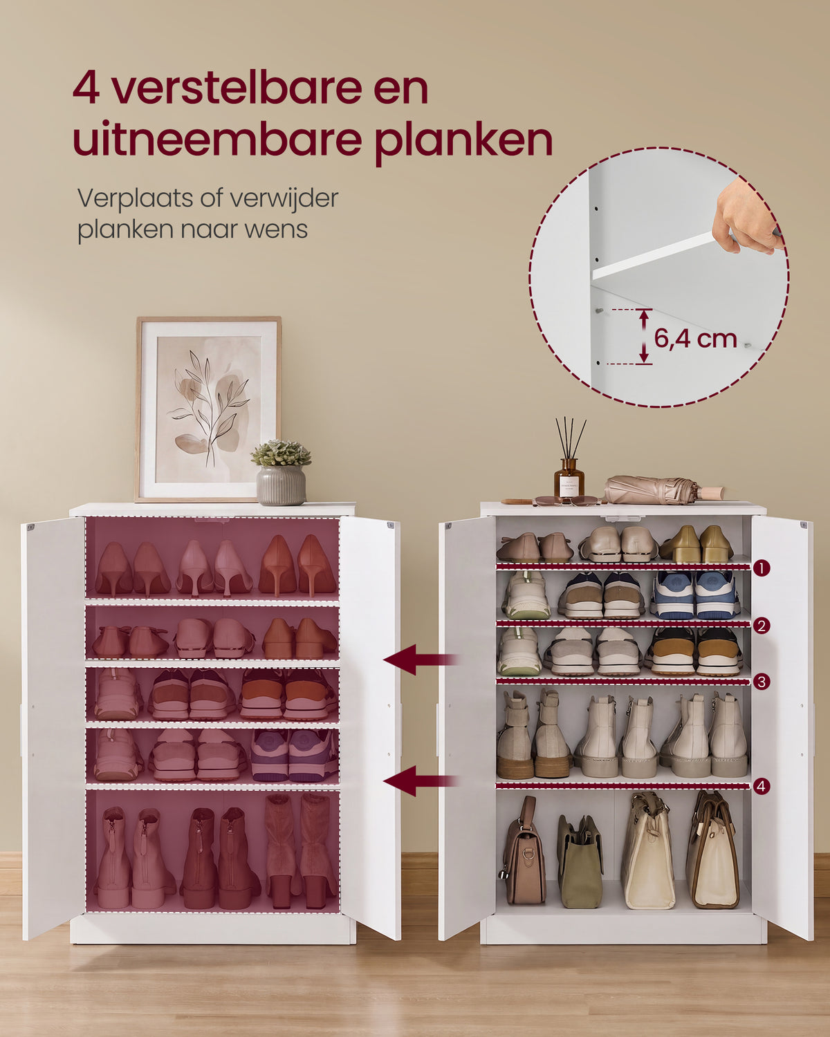 Schoenenkast met 2 Deuren – 5 Niveaus & 4 Verstelbare Planken – Tot Maat 46 – Wit – 90 cm