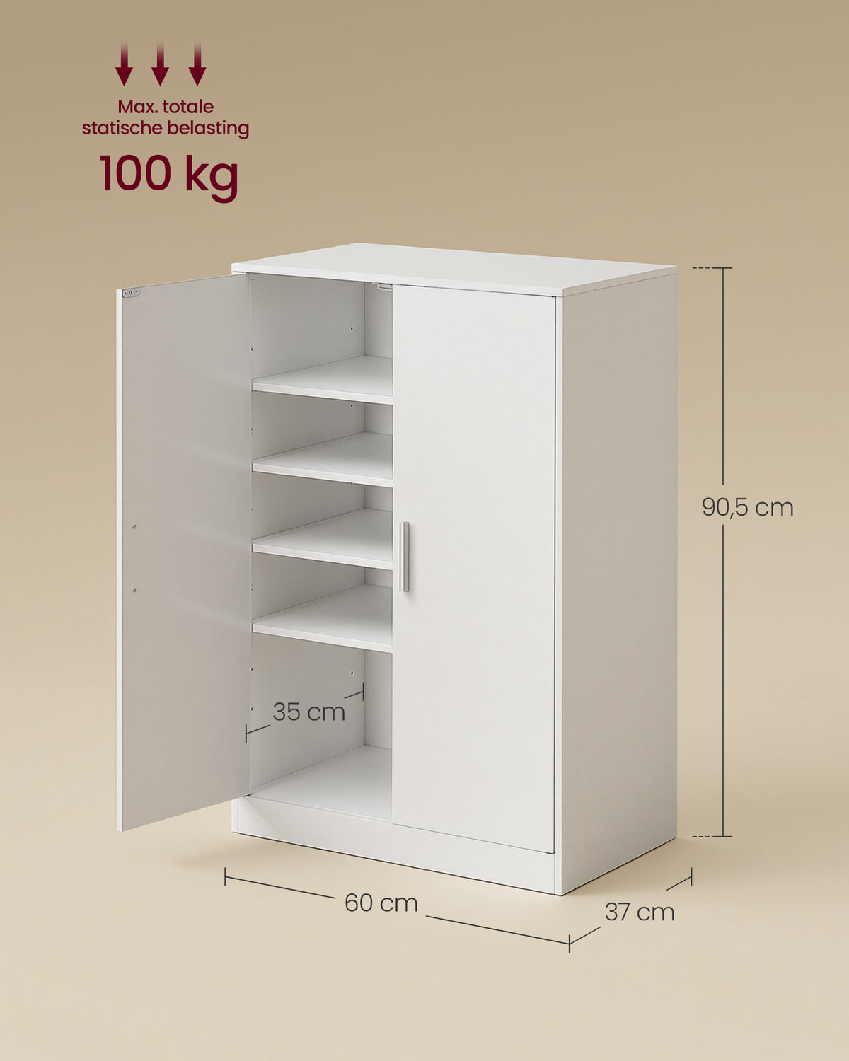 Schoenenkast met 2 Deuren – 5 Niveaus & 4 Verstelbare Planken – Tot Maat 46 – Wit – 90 cm