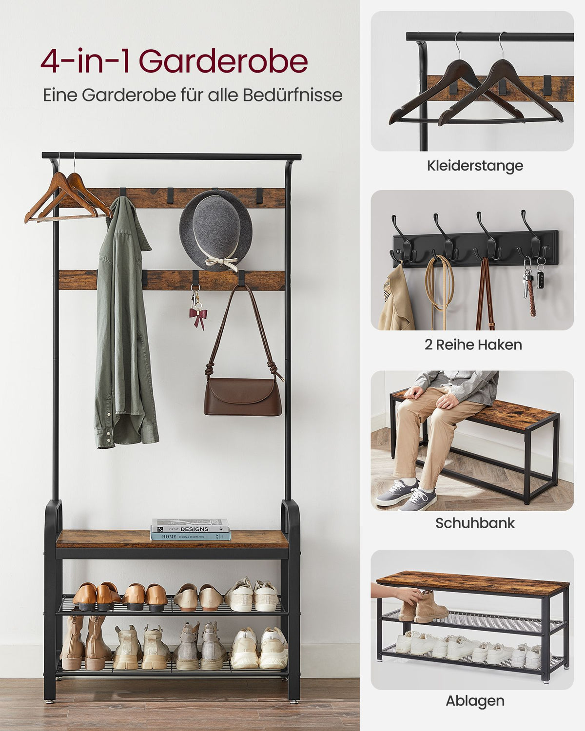 Kapstok met Schoenenrek & Zitbank – Industrieel Hout & Metaal – 9 Haken + Kledingroede – Halmeubel