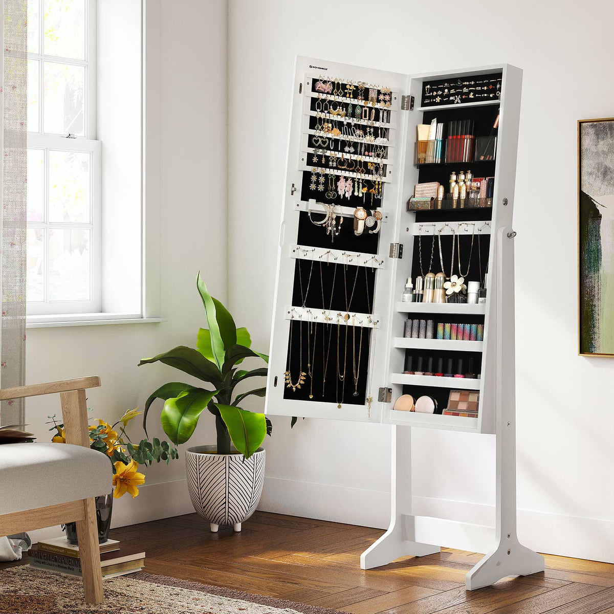Staande Sieradenkast met Lijstloze Passpiegel – Afsluitbaar – Spiegelkast op Voet – 152 cm