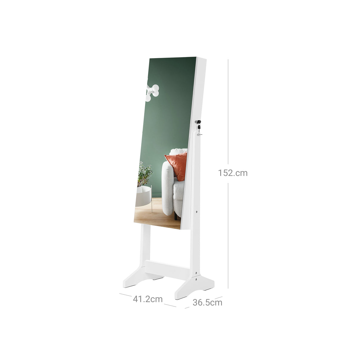 Staande Sieradenkast met Lijstloze Passpiegel – Afsluitbaar – Spiegelkast op Voet – 152 cm