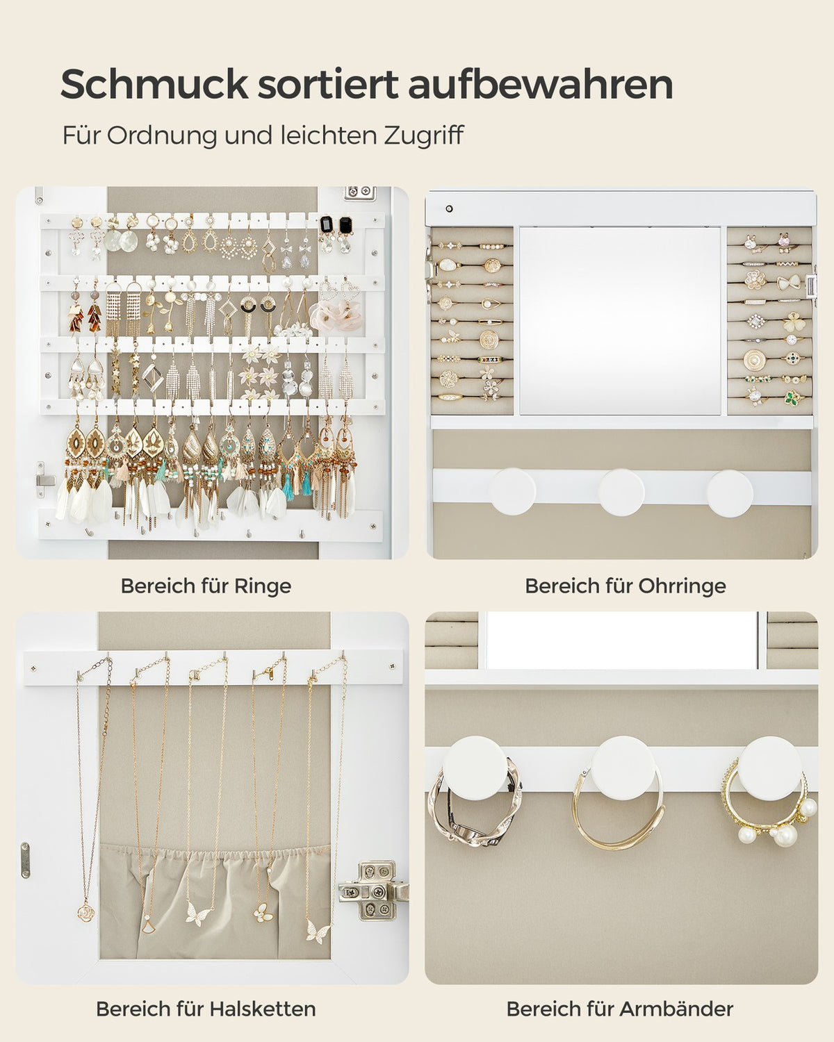 Hangende Sieradenkast met Spiegel – Afgeronde Hoeken – Binnenspiegel & Verlichting – 108 cm