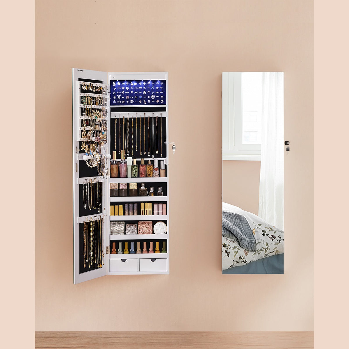 Hangende Sieradenkast met Frameloze Spiegel – LED – Afsluitbaar – Deur- of Wandmontage – 108 cm