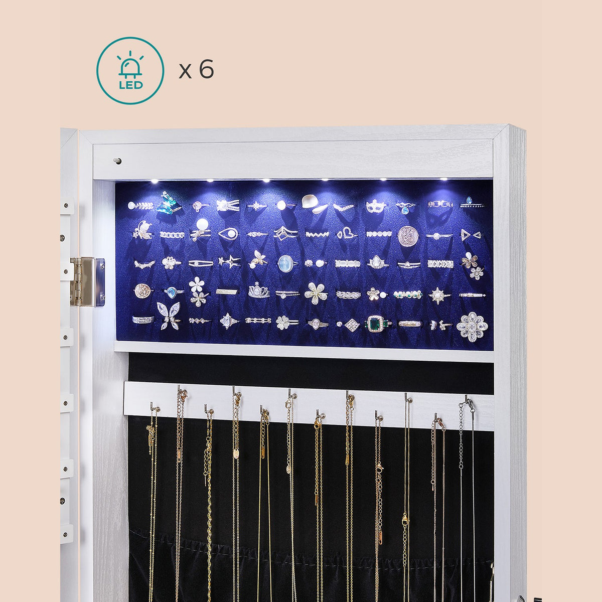 Hangende Sieradenkast met Frameloze Spiegel – LED – Afsluitbaar – Deur- of Wandmontage – 108 cm