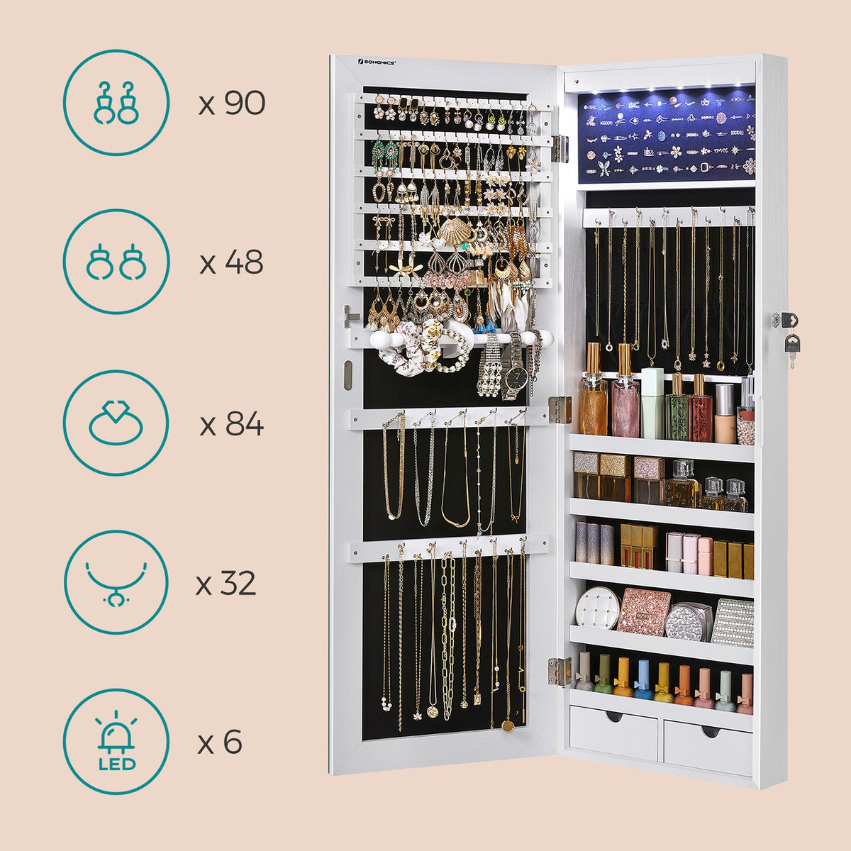 Hangende Sieradenkast met Frameloze Spiegel – LED – Afsluitbaar – Deur- of Wandmontage – 108 cm