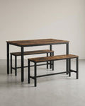 Eettafelset – Eettafel 110 cm + 2 Bankjes – Industrieel Hout & Metaal – Ruimtebesparende Keukenset