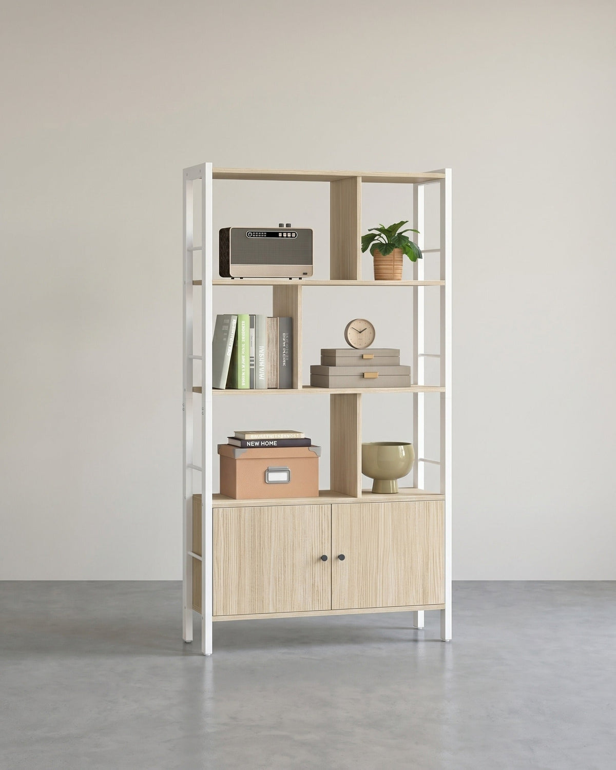 Industriële Boekenkast met Zigzag-Design – 4 Open Planken + Kast met Deuren – voor Woonkamer & Kantoor