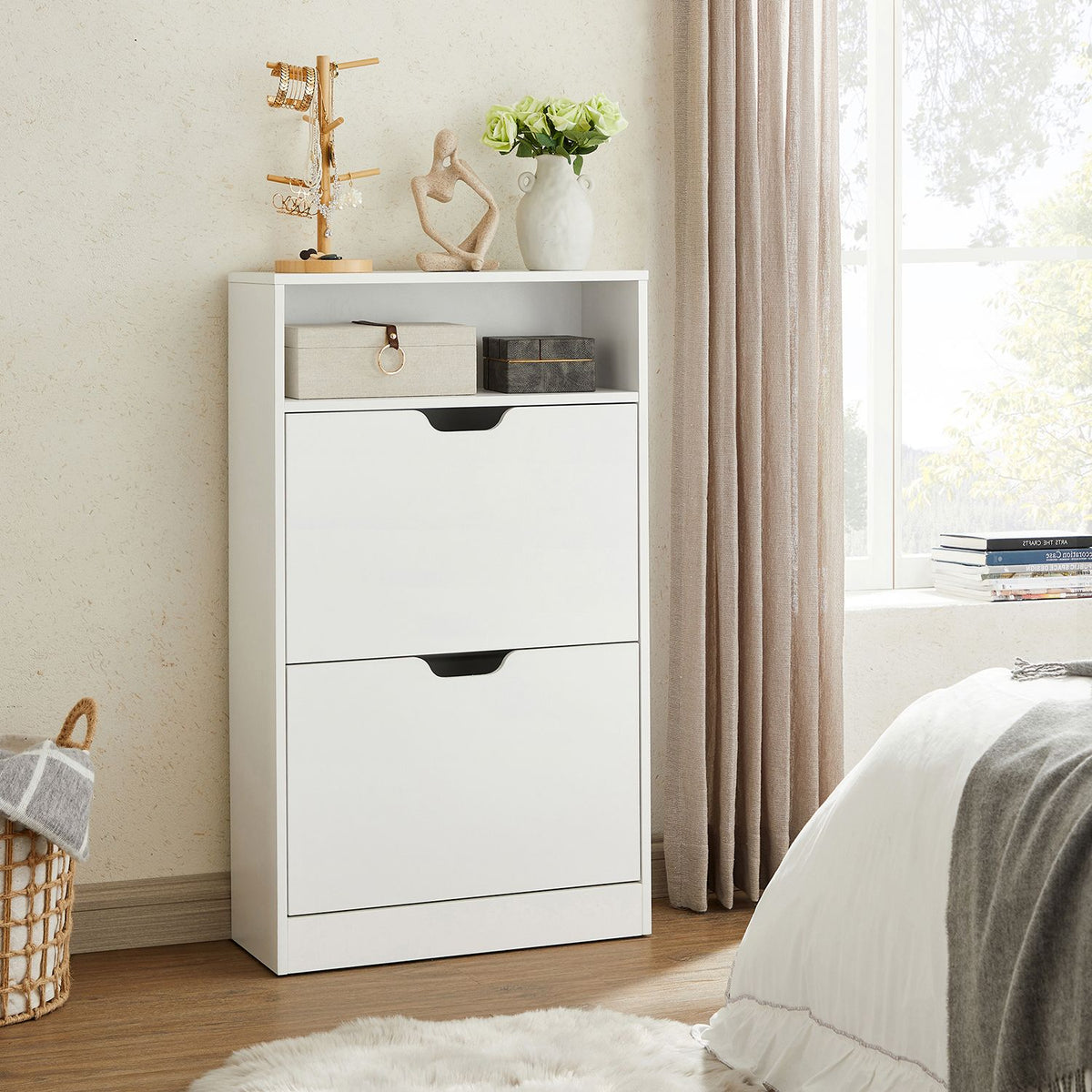 Witte Schoenenkast met 2 Kleppen – Tussenschotten voor Platte Schoenen – Open Vak – 102 cm