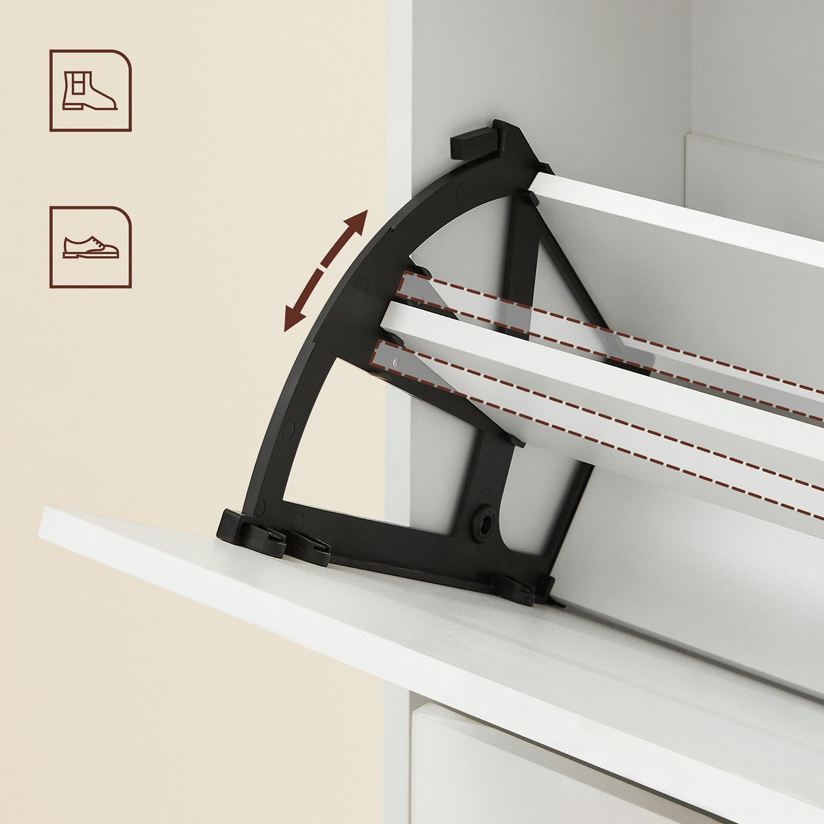 Witte Schoenenkast met 2 Kleppen – Tussenschotten voor Platte Schoenen – Open Vak – 102 cm
