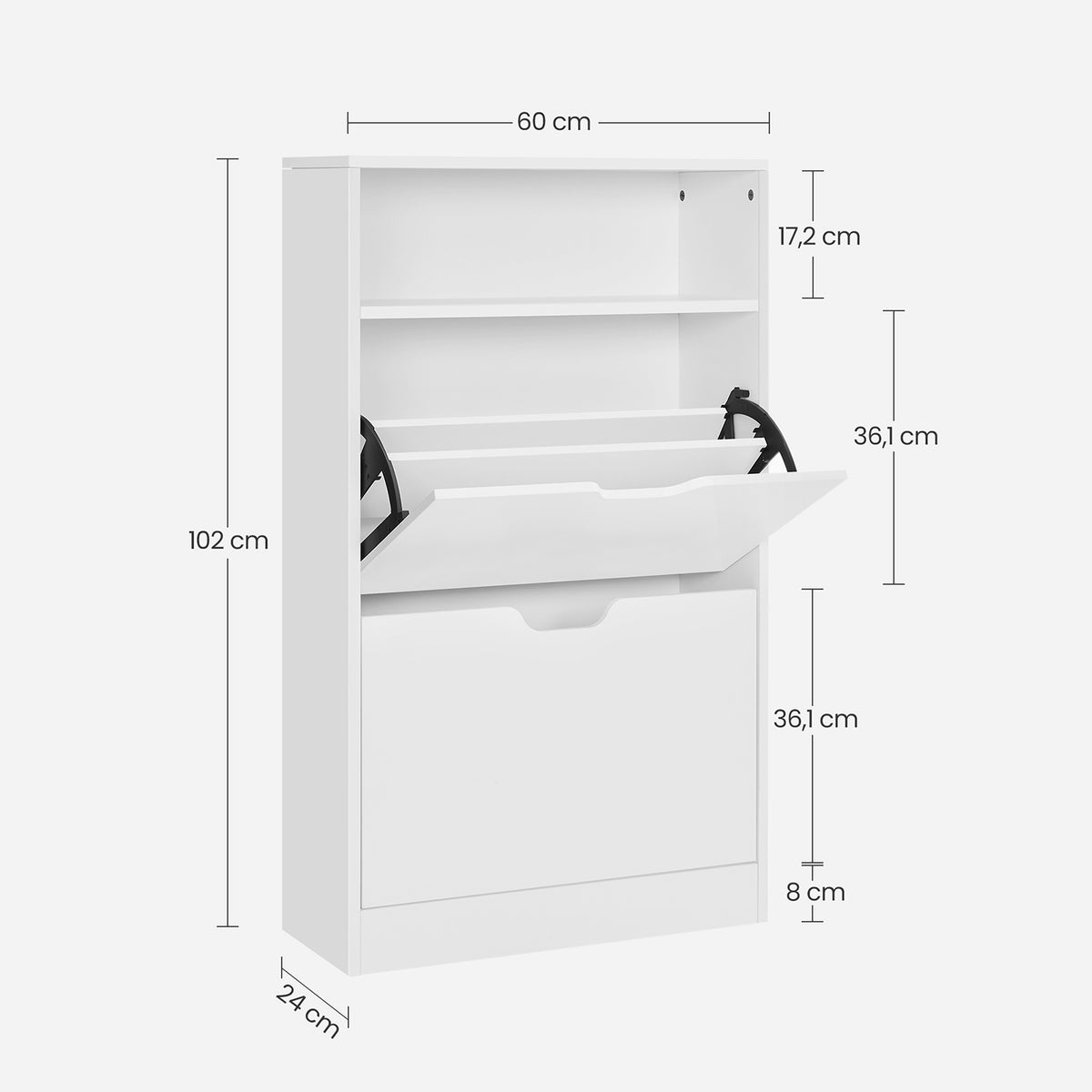 Witte Schoenenkast met 2 Kleppen – Tussenschotten voor Platte Schoenen – Open Vak – 102 cm