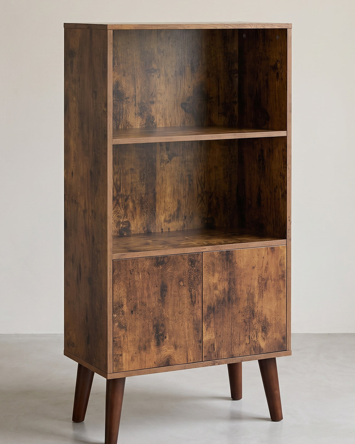 Retro Boekenkast met 2 Deuren – Push-to-Open – Schuine Poten van Rubberhout – 60 x 30 x 120 cm