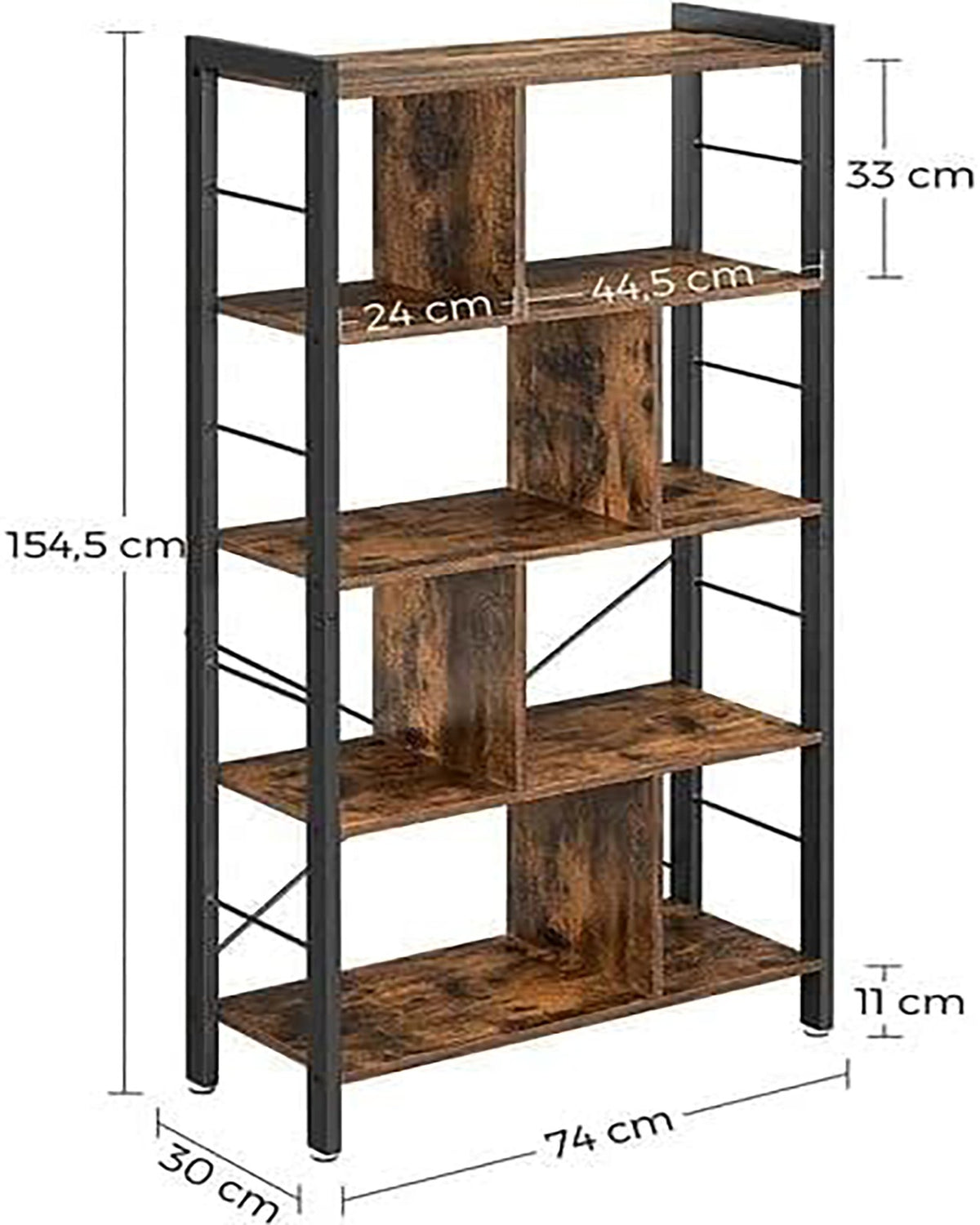 Industriële Boekenkast met 4 Niveaus – Stalen Frame – Verstelbare Voetjes – 74 x 30 x 154,5 cm