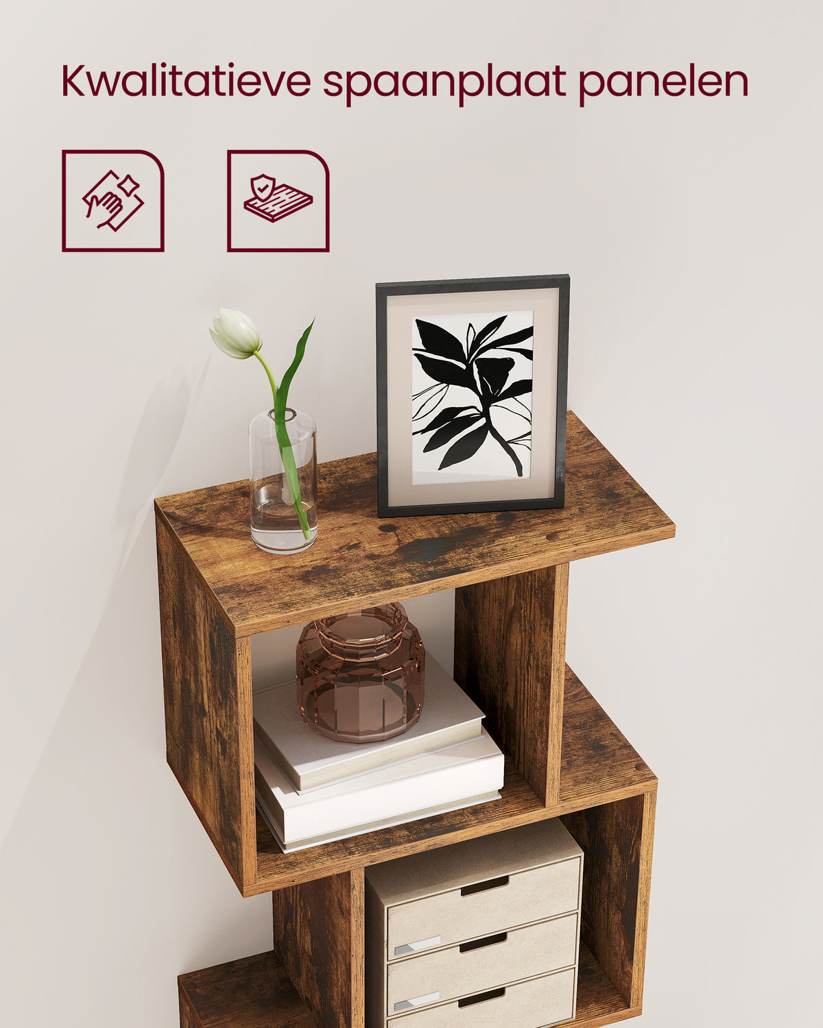 S-vormige Boekenkast – Open Zigzag Kast met 5 of 6 Niveaus – Spaanplaat – 40 of 70 cm Breed