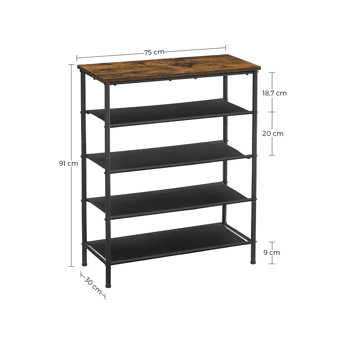 Schoenenrek met 4 Stoffen Planken – Industrieel met Houten Bovenblad – Vintage Bruin – 75 x 91 cm