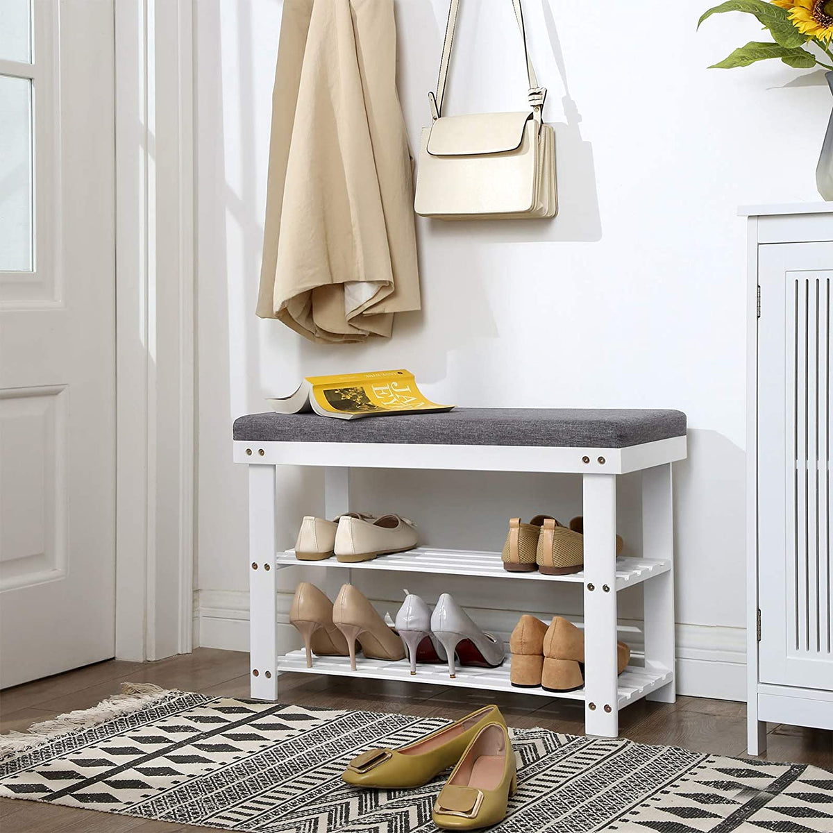 Schoenenbank van Bamboe met Zitkussen – 2 Schoenenplanken – Tot 150 kg – Wit/Grijs – 71 cm