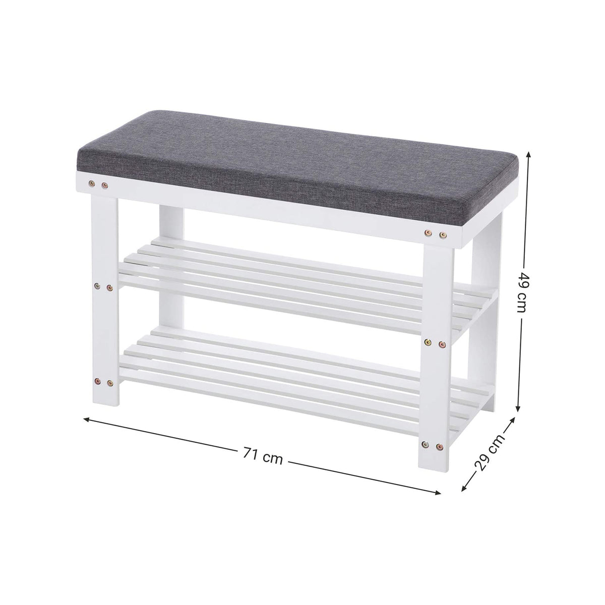 Schoenenbank van Bamboe met Zitkussen – 2 Schoenenplanken – Tot 150 kg – Wit/Grijs – 71 cm
