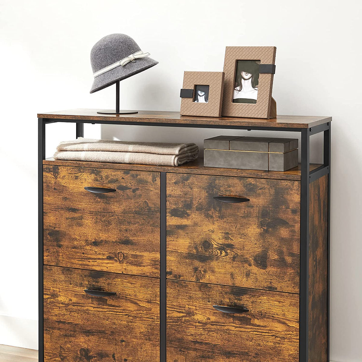 Schoenenkast met 4 Kleppen – Open Plank – Industrieel Stalen Frame – 98 x 95 cm