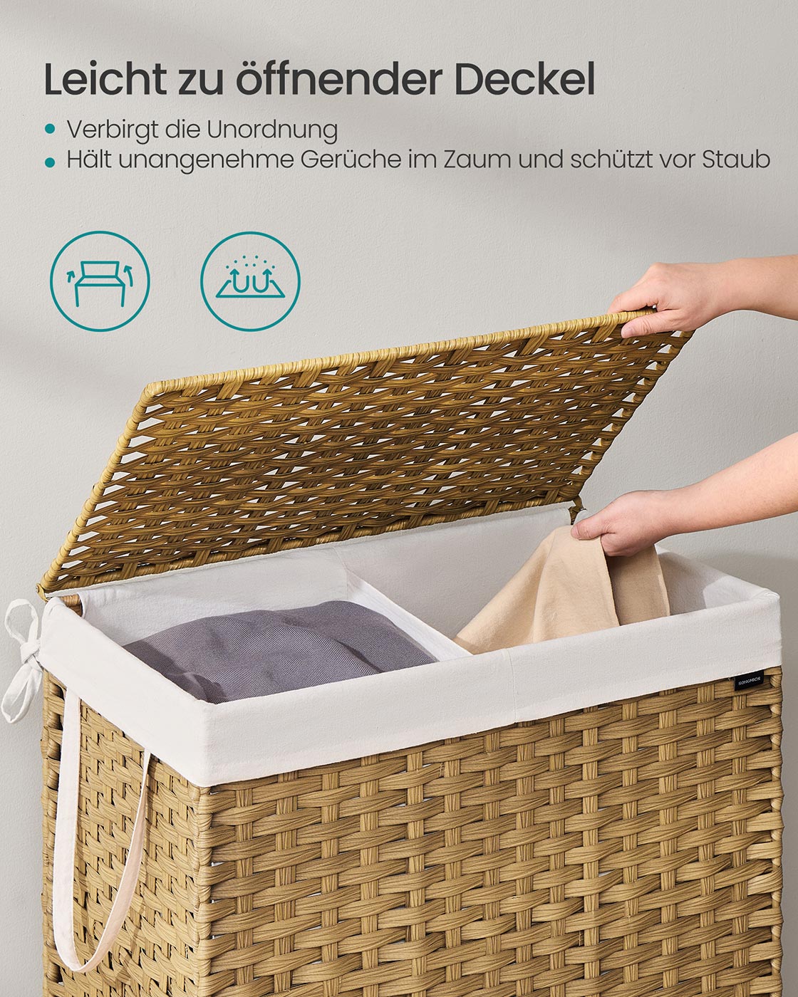 Wasmand van Handgevlochten Kunststof Rotan – Met Deksel en Uitneembare Waszak – 90 of 160 Liter