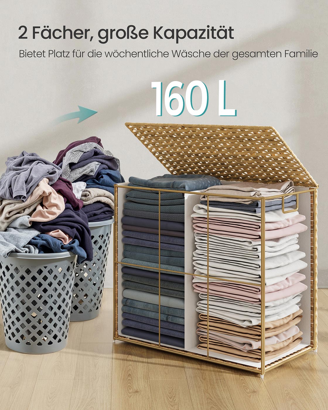 Wasmand van Handgevlochten Kunststof Rotan – Met Deksel en Uitneembare Waszak – 90 of 160 Liter