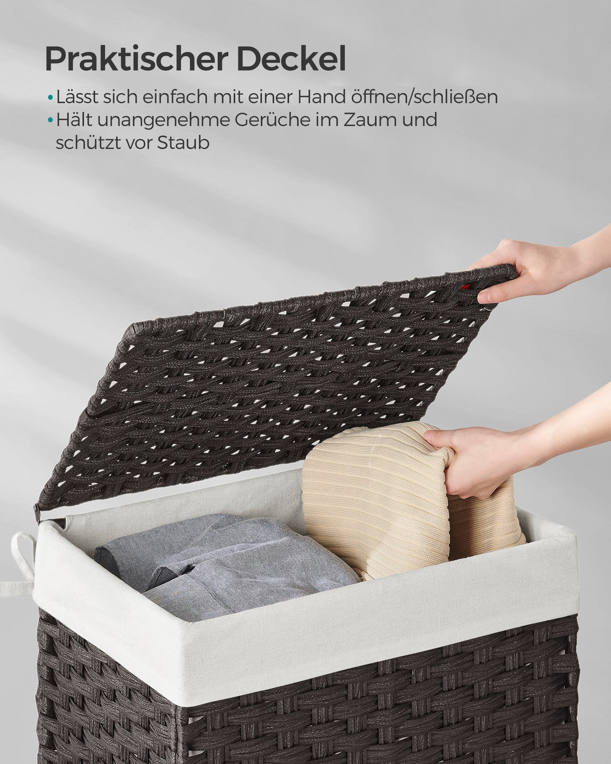 Wasmand van Handgevlochten Kunststof Rotan – Met Deksel en Uitneembare Waszak – 90 of 160 Liter