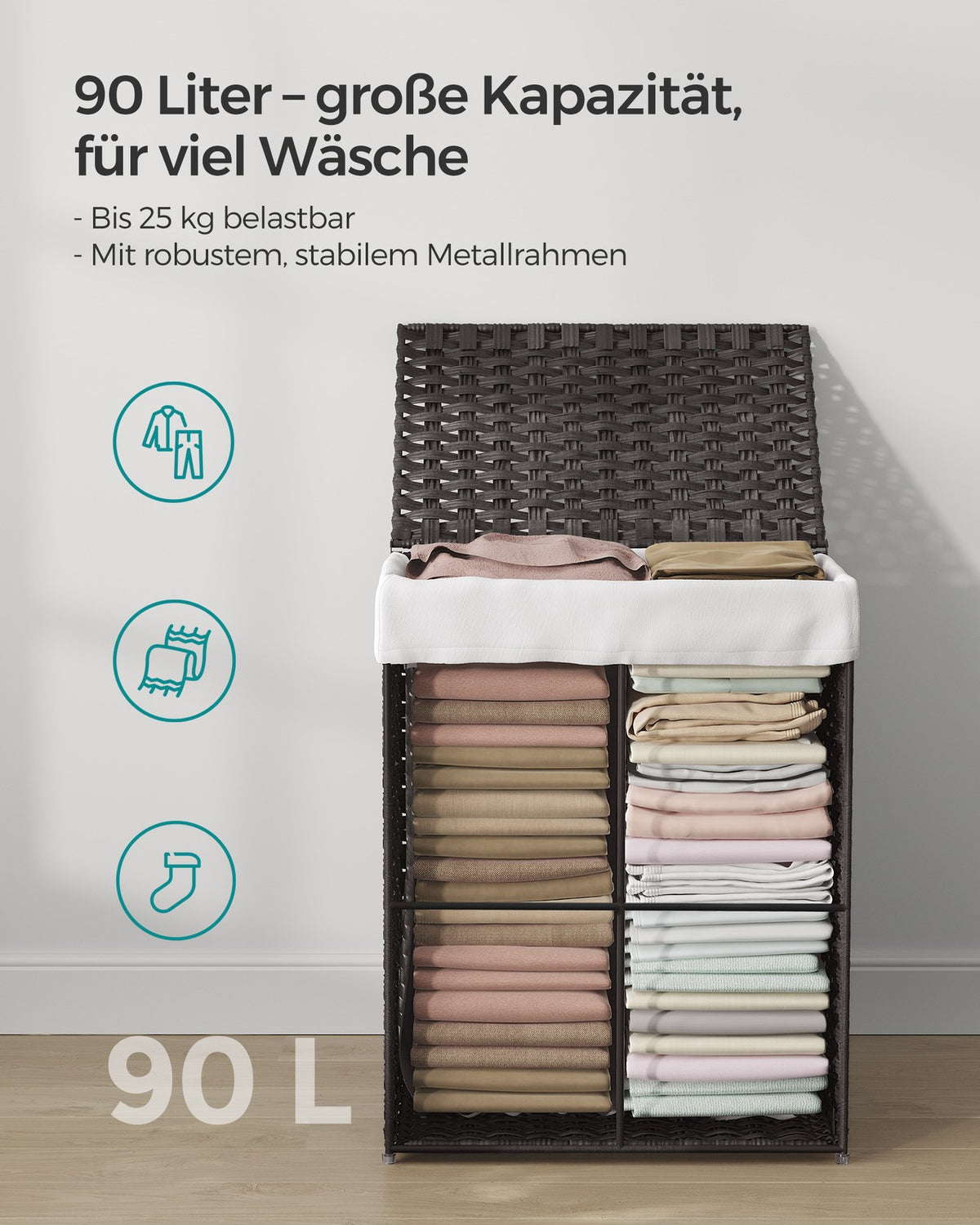 Wasmand van Handgevlochten Kunststof Rotan – Met Deksel en Uitneembare Waszak – 90 of 160 Liter
