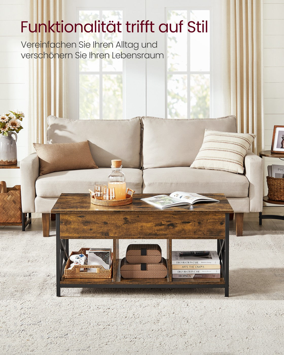 Salontafel met Opbergruimte – Lift-Top in Hoogte Verstelbaar Blad – Industrieel – voor Woonkamer