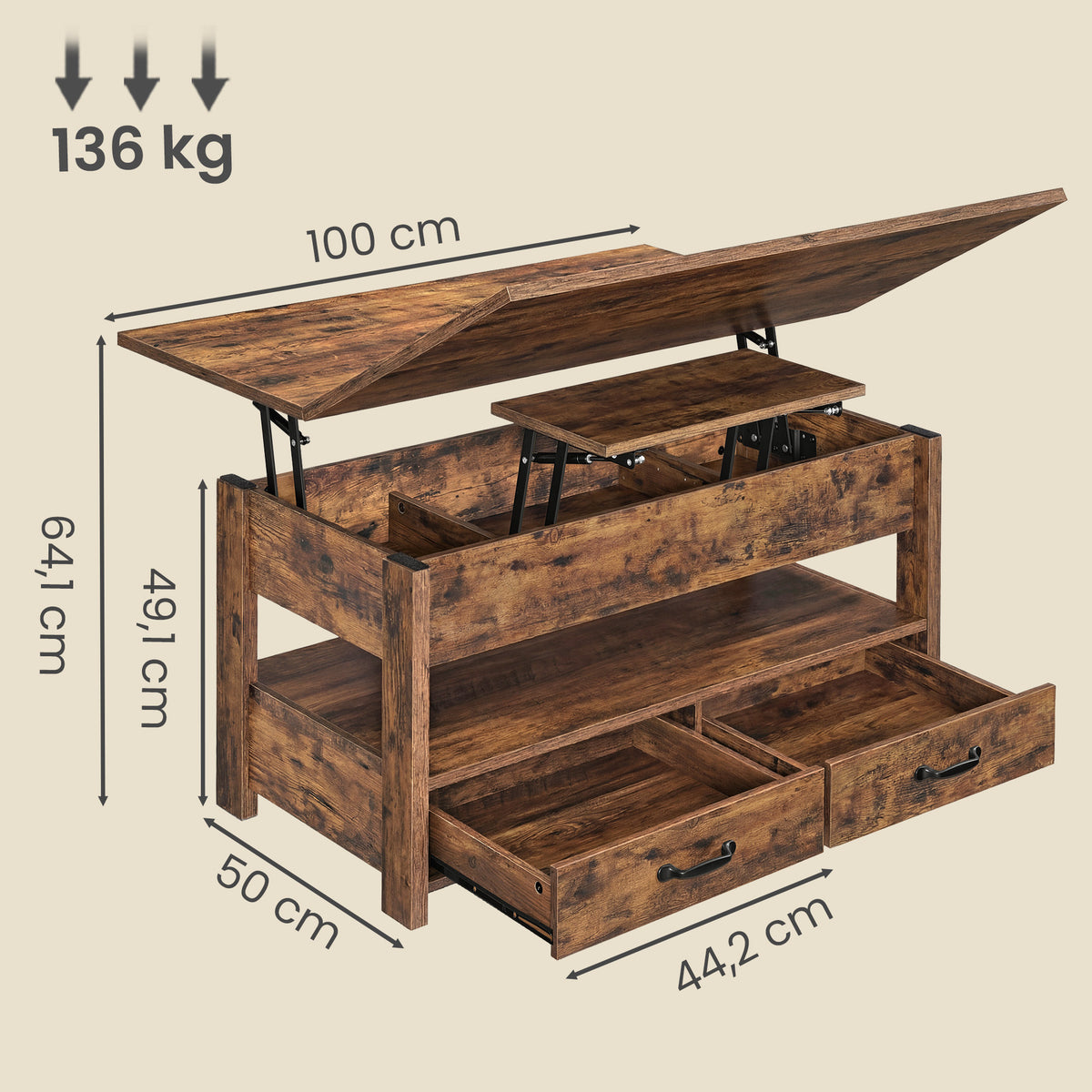 Salontafel Met Opklapbaar Blad en Verborgen Opbergruimte – Multifunctioneel, Verstelbaar en Modern Ontwerp – 100 cm Breed