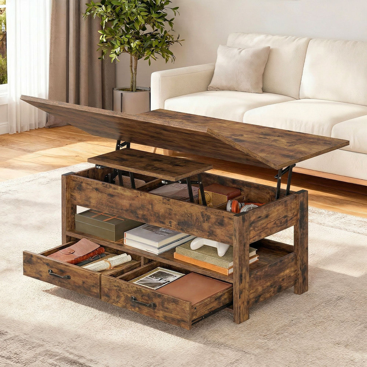 Salontafel Met Opklapbaar Blad en Verborgen Opbergruimte – Multifunctioneel, Verstelbaar en Modern Ontwerp – 100 cm Breed