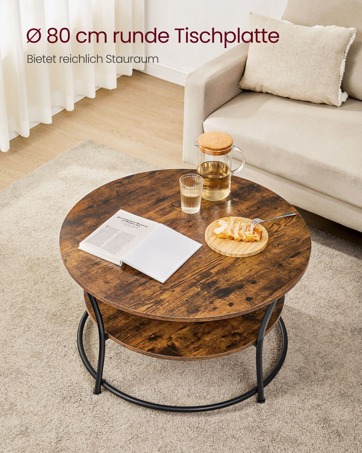 Ronde Salontafel met Onderplank – 2 Niveaus – Gebogen Stalen Poten met Ring – Ø 80 cm