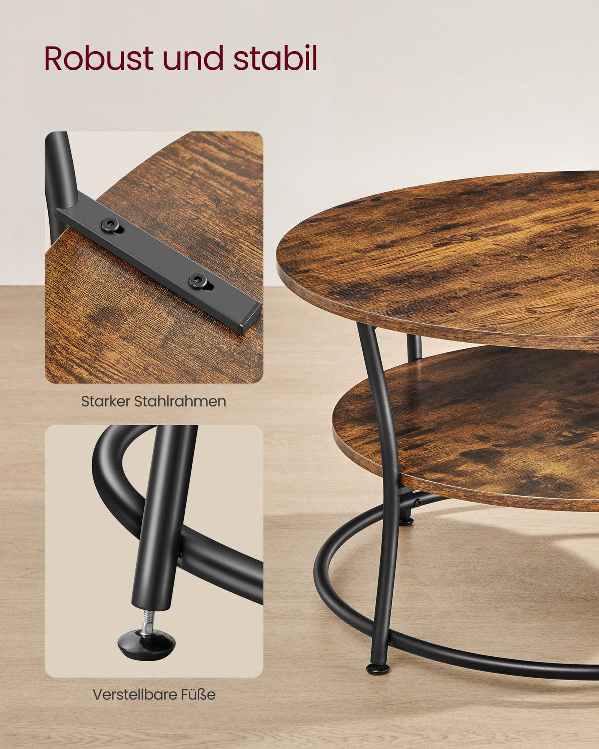 Ronde Salontafel met Onderplank – 2 Niveaus – Gebogen Stalen Poten met Ring – Ø 80 cm