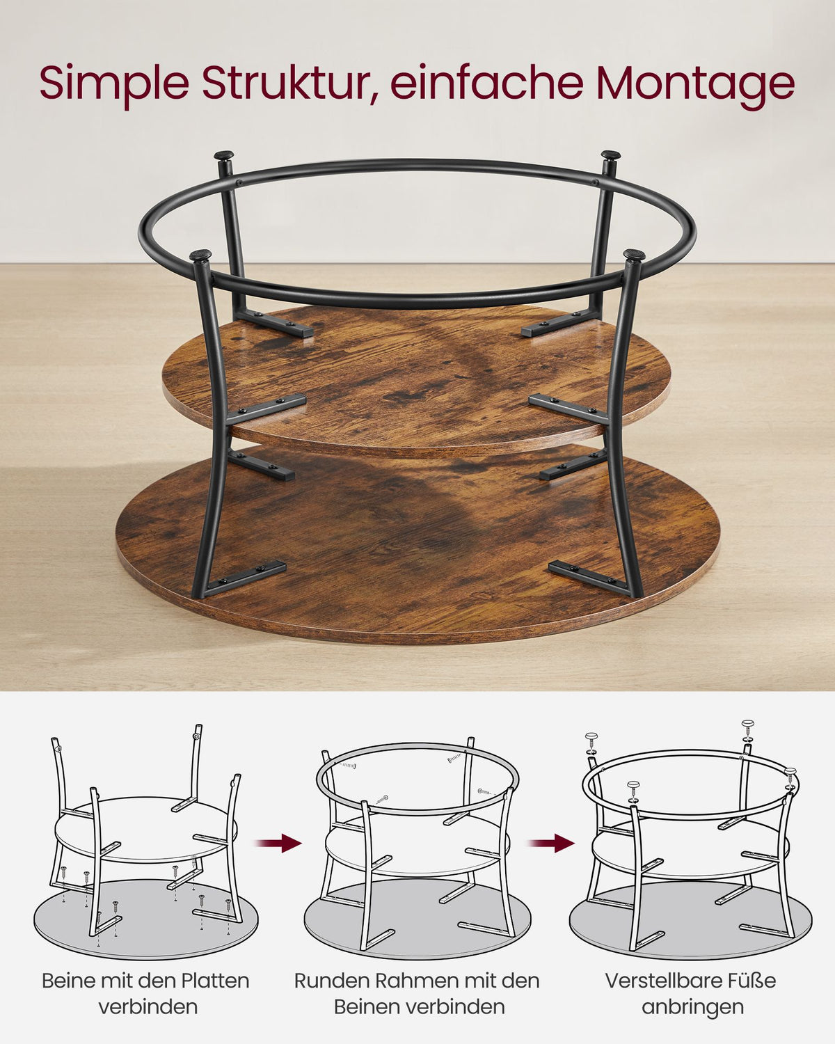 Ronde Salontafel met Onderplank – 2 Niveaus – Gebogen Stalen Poten met Ring – Ø 80 cm