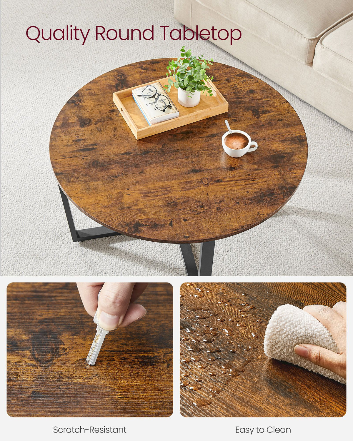 Ronde Salontafel Industrieel – Stalen Kruisframe – Vintage Bruin – Tot 100 kg – Ø 88 cm