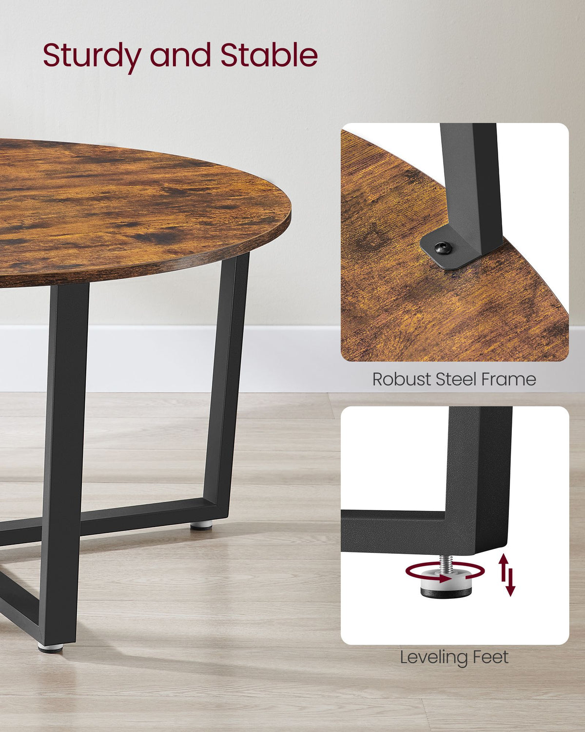 Ronde Salontafel Industrieel – Stalen Kruisframe – Vintage Bruin – Tot 100 kg – Ø 88 cm