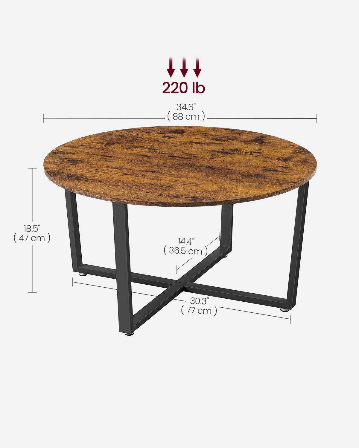 Ronde Salontafel Industrieel – Stalen Kruisframe – Vintage Bruin – Tot 100 kg – Ø 88 cm