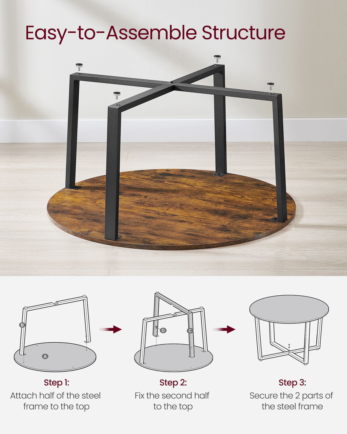 Ronde Salontafel Industrieel – Stalen Kruisframe – Vintage Bruin – Tot 100 kg – Ø 88 cm