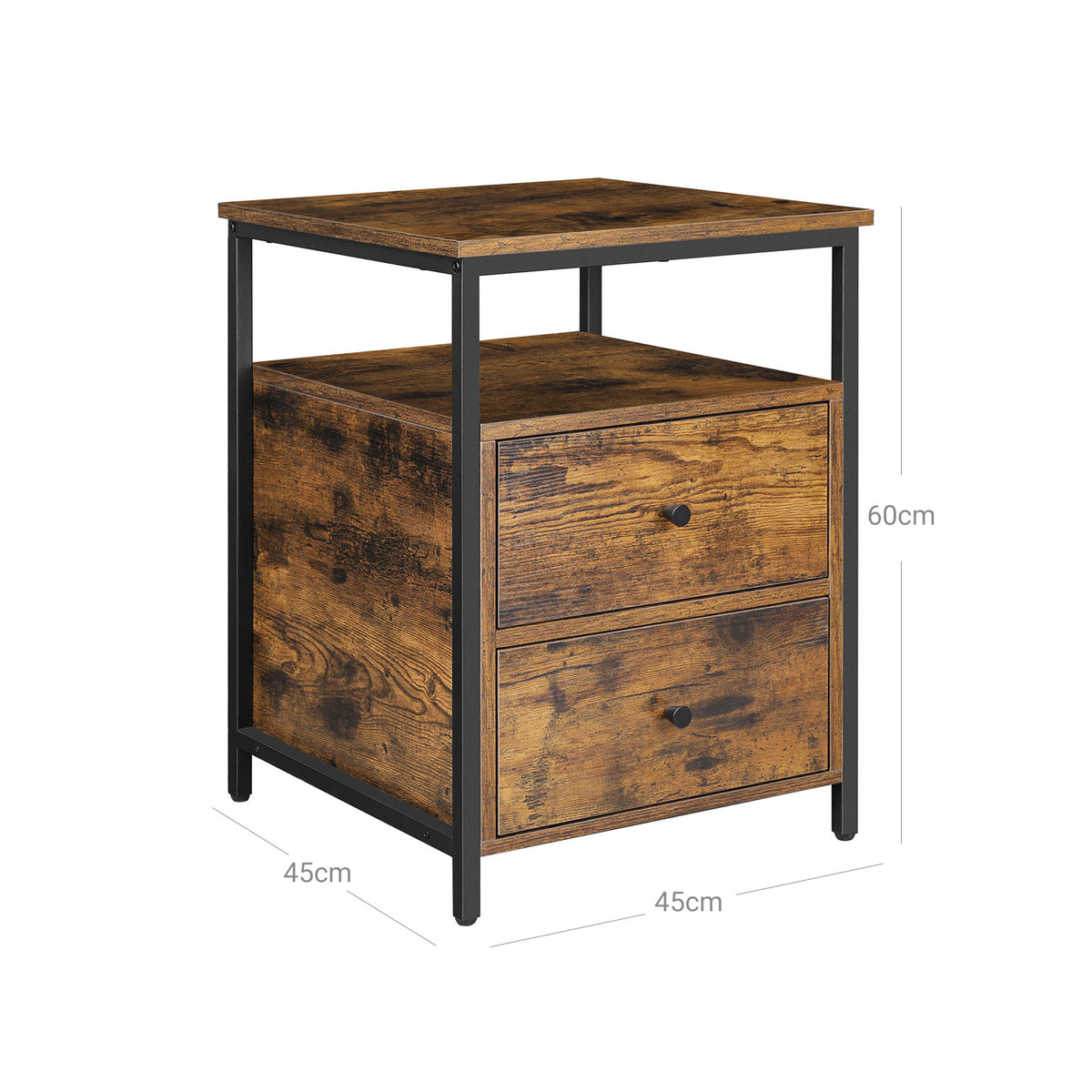 Nachtkastje Industrieel – 2 Lades en Open Vak – Verstelbare Voetjes – 45 x 45 x 60 cm