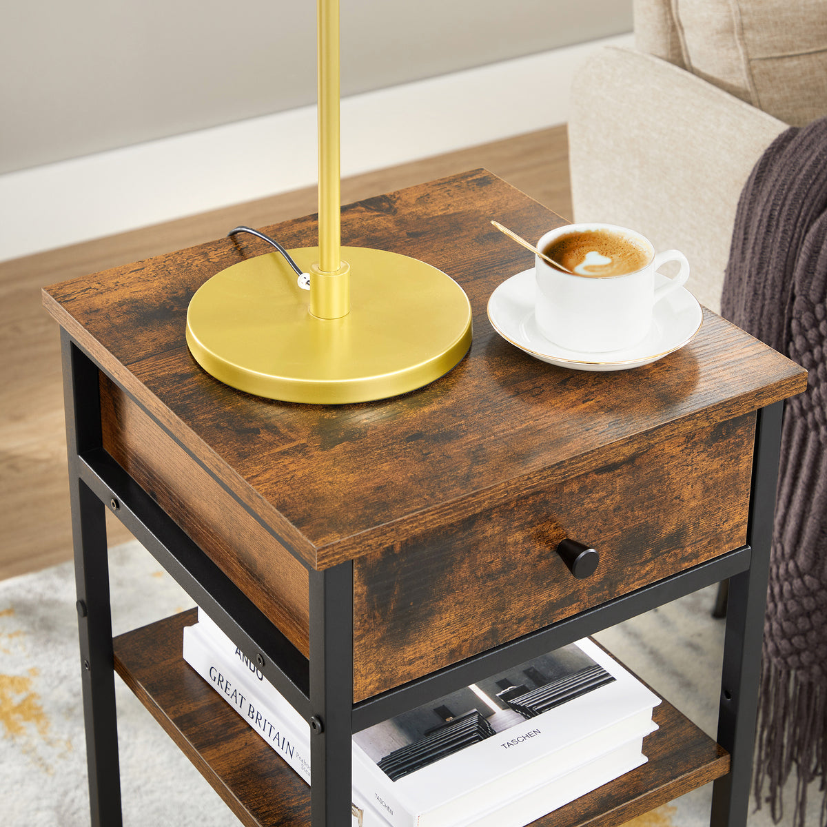 Smal Nachtkastje met Lade – 2 Open Planken – Stalen Frame – Ruimtebesparend – 35 x 35 x 70 cm