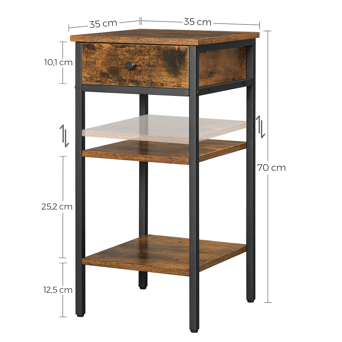 Smal Nachtkastje met Lade – 2 Open Planken – Stalen Frame – Ruimtebesparend – 35 x 35 x 70 cm