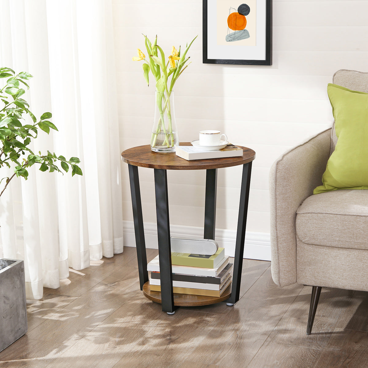 Ronde Bijzettafel Industrieel – 2 Niveaus – Ø 50 cm – Vintage Bruin & Zwart – Belastbaar tot 100 kg