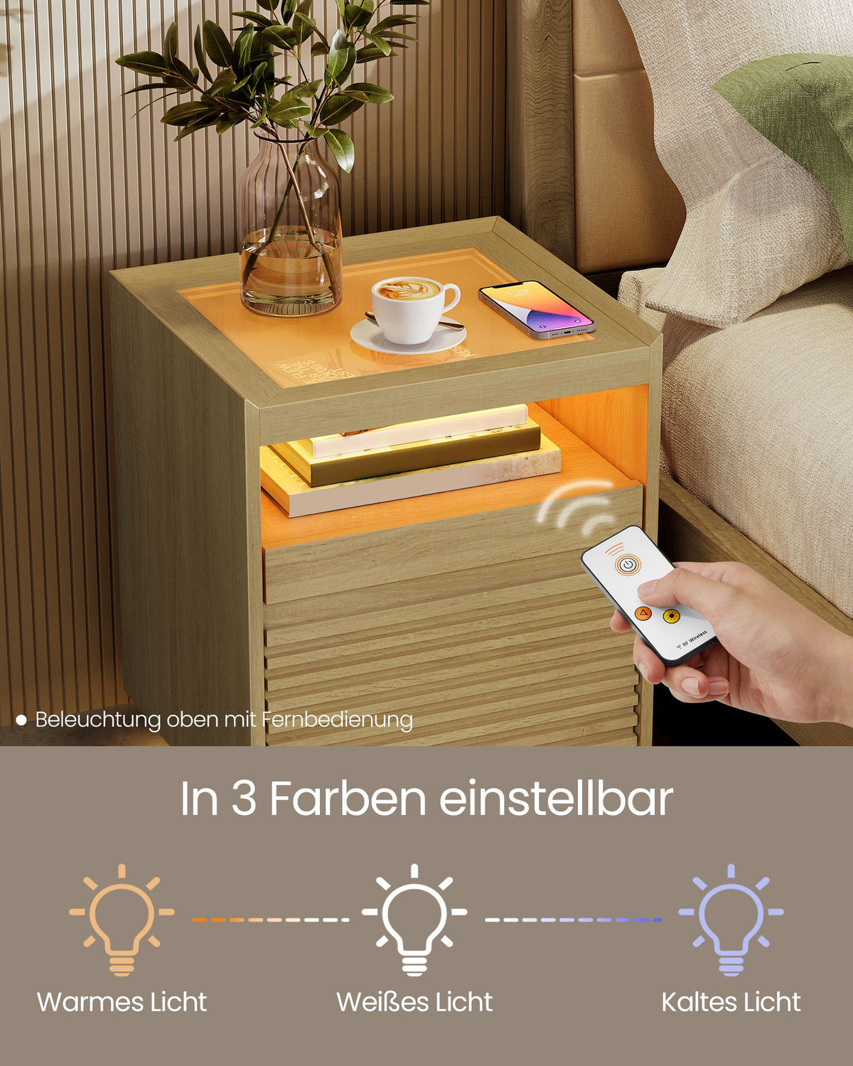 Nachtkastje LED bovenlicht in 3 lichtkleuren