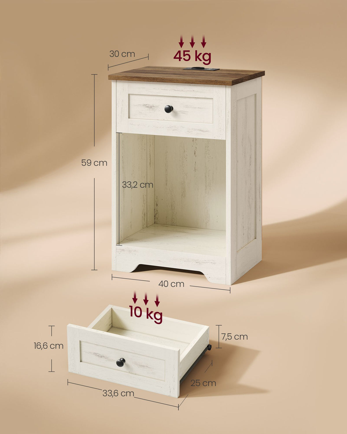 Nachtkastje met Stopcontact en USB – Landelijke Stijl – Lade en Open Vak – 40 x 30 x 59 cm