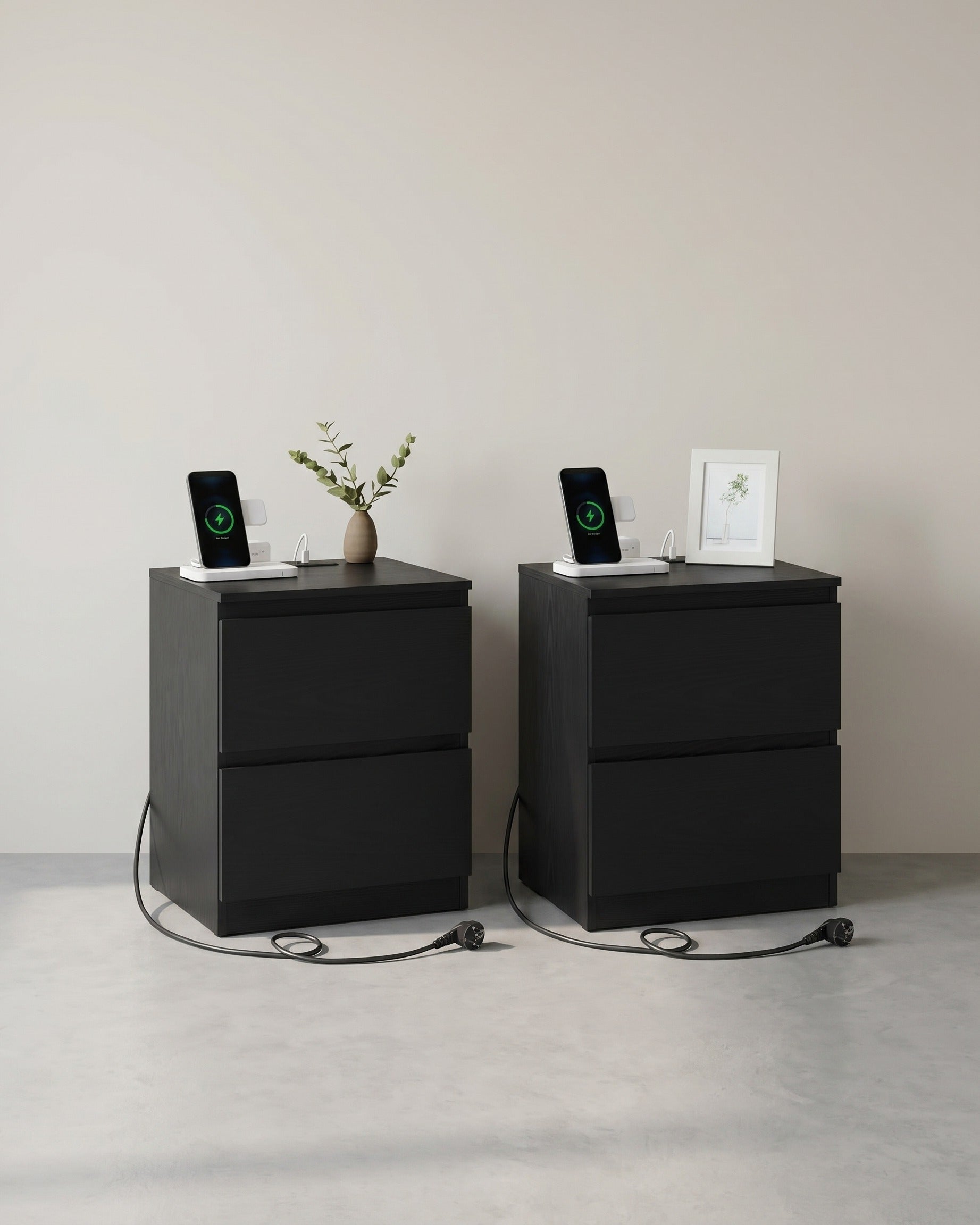 Nachtkastje met Stopcontact & USB – 2 Lades – Wit – Bijzettafel met Oplaadstation – Los of Set van 2