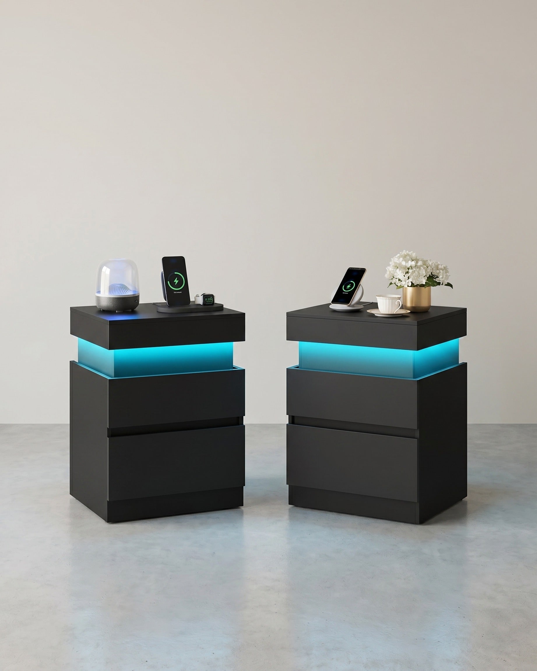 Nachtkastje Set van 2 – LED-Verlichting + Stopcontact & USB-A/USB-C – Schuifblad & 2 Lades – Modern Design