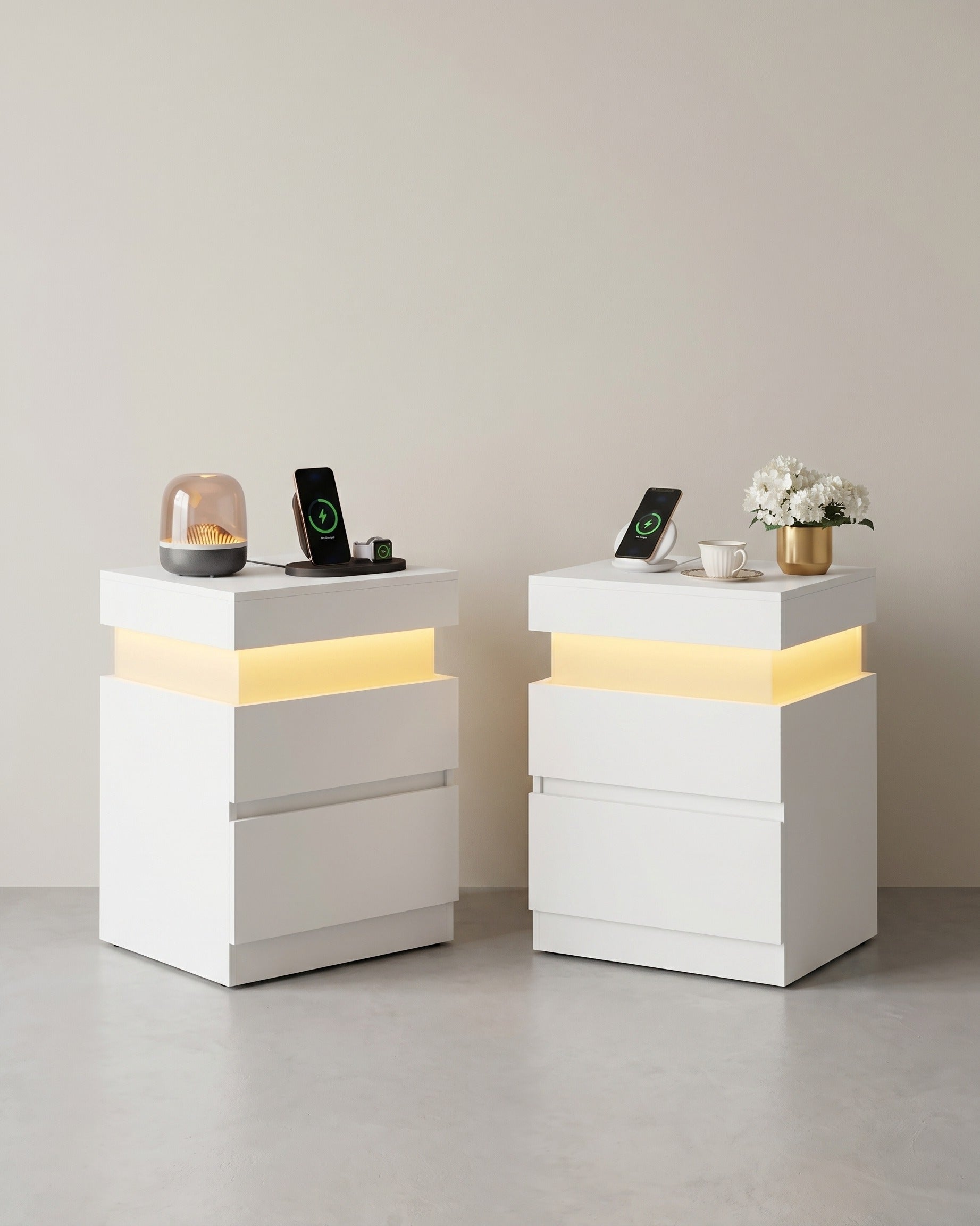 Nachtkastje Set van 2 – LED-Verlichting + Stopcontact & USB-A/USB-C – Schuifblad & 2 Lades – Modern Design