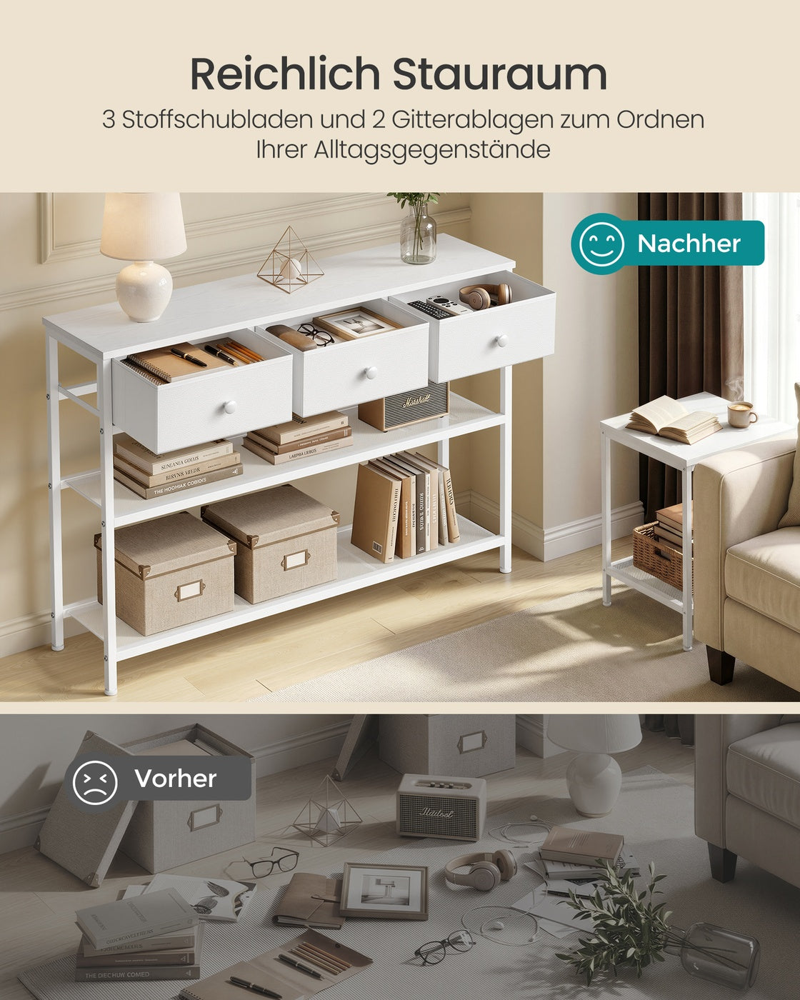 Smalle Wandtafel - Stalen Frame Met 3 Stoffen Lades - Voor Hal En Woonkamer